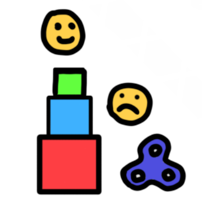 a happy and sad face, representing behaviour management, a pile of blocks, representing simplistic lessons, and a fidget spinner, represent supports.